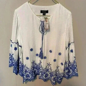 Karen Kane Embroidered Blue 3/4 Sleeve Top